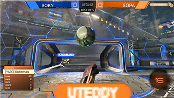Screen capture from a game of Rocket League with car about to hit the Rocket League ball