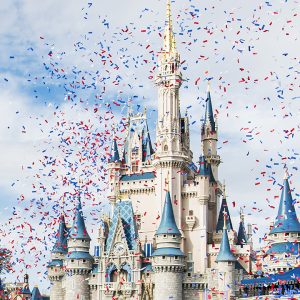 Confetti falls over Cinderella's Castle at Walt Disney World.