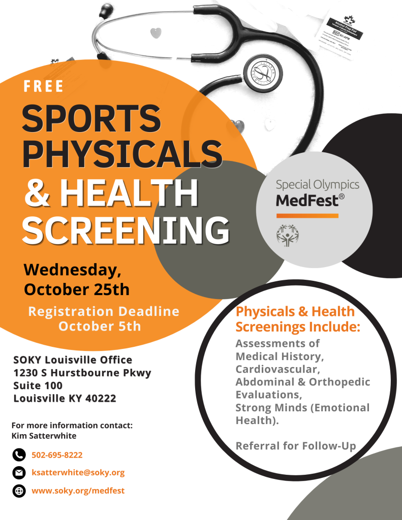 MedFest Flyer Free Sports Physicals and Health Screenings. Contact Kim Satterwhite at 502-695-822 for details. 