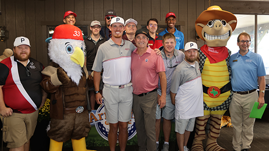 Special Olympics athletes with Andy Armadillo and the Bubba's 33 mascot.